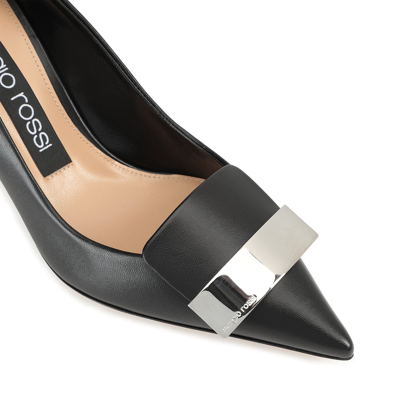 silver logo-plate on sr1 black pointed mid-heel pump