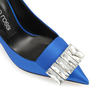 Pointed toe blue satin pump with crystal jewel